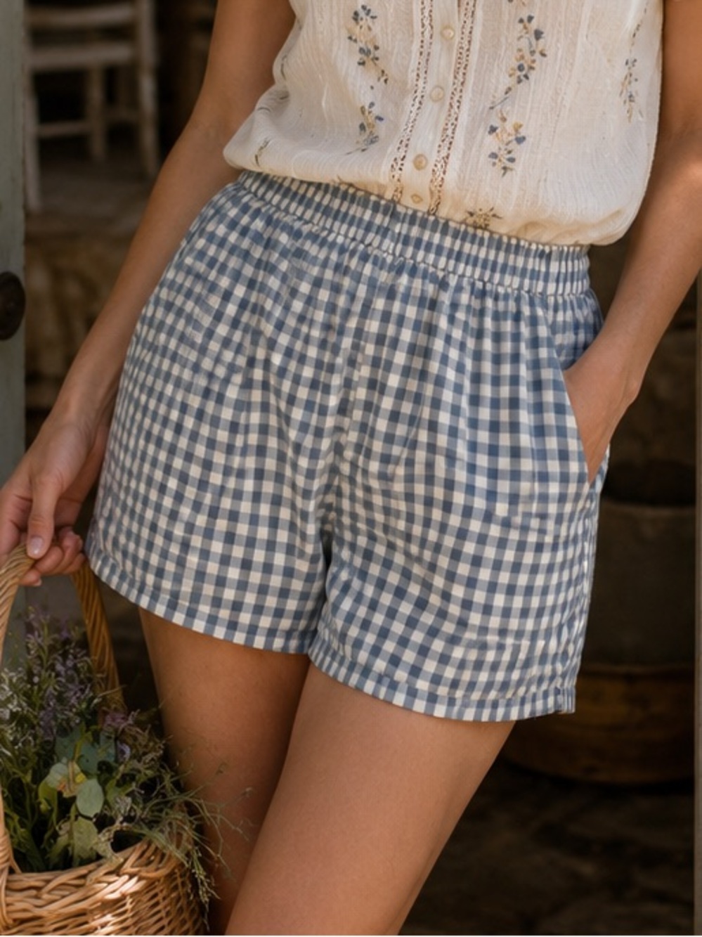 NWT Neutral Ground Blue & Cream Gingham Cotton Cottagecore Shorts – Size Large